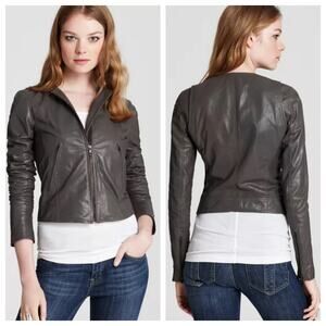 Theory Moto Jacket Fida Cropped Leather Womens M Gray Textured Lambskin Capsule
